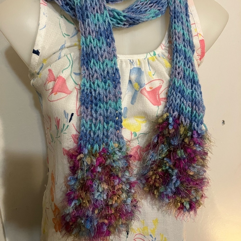 New hand knit long scarf with glittered frilly ends 84” long!! Perfect to wrap